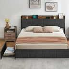Linen Upholstered Platform Bed Frame with Drawers, Storage Headboard