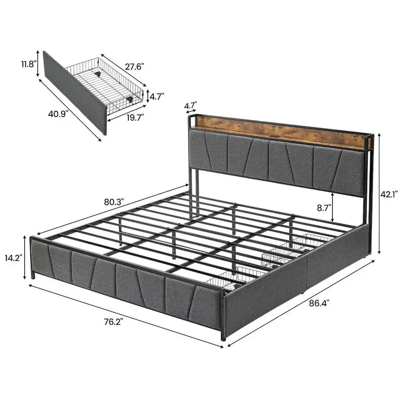 Linen Upholstered Platform Bed Frame with Drawers, Storage Headboard