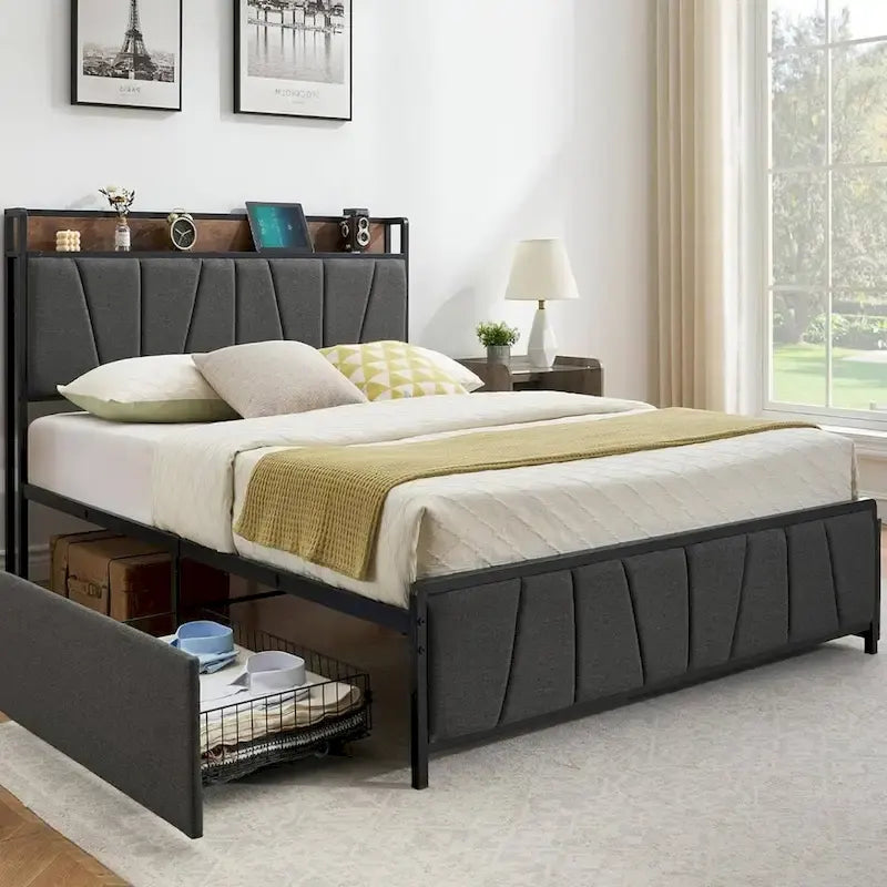 Linen Upholstered Platform Bed Frame with Drawers, Storage Headboard