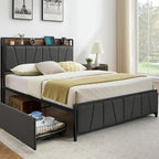 Linen Upholstered Platform Bed Frame with Drawers, Storage Headboard