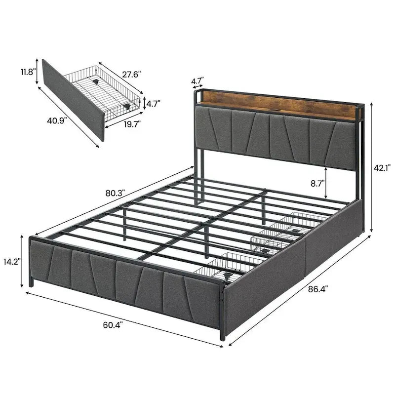 Linen Upholstered Platform Bed Frame with Drawers, Storage Headboard