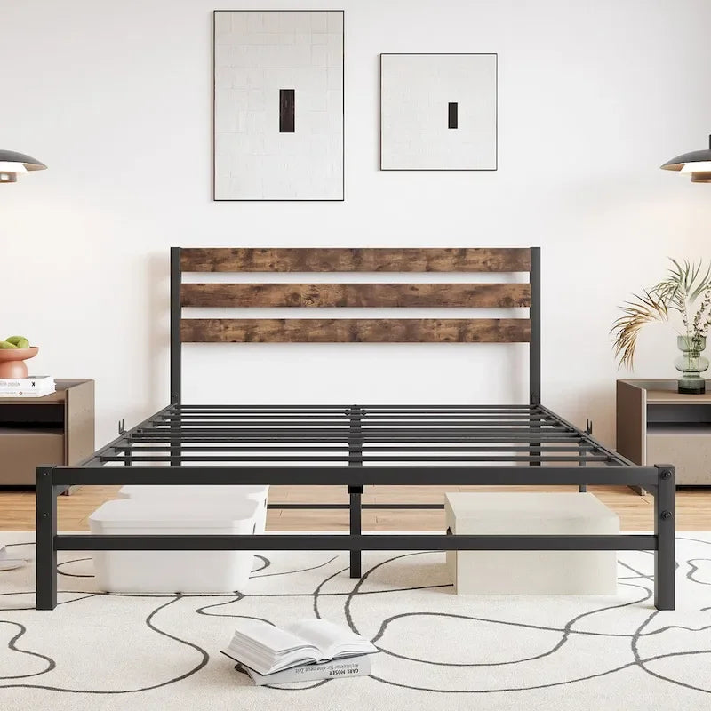 Queen Size Platform Bed Frame with Rustic Vintage Wood Headboard, Strong Metal Slats Support Mattress Foundation