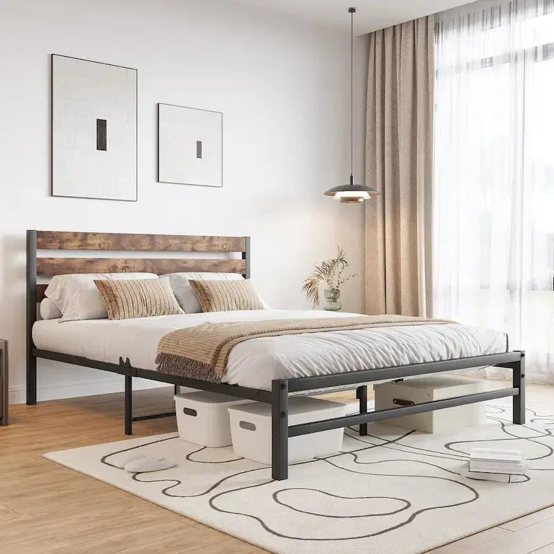 Queen Size Platform Bed Frame with Rustic Vintage Wood Headboard, Strong Metal Slats Support Mattress Foundation