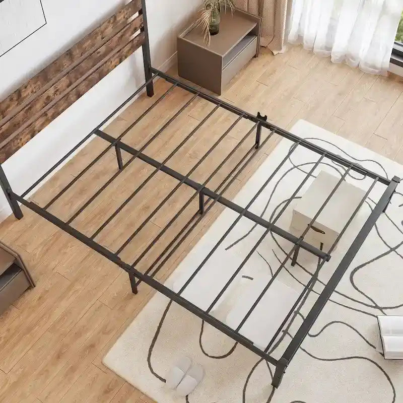 Queen Size Platform Bed Frame with Rustic Vintage Wood Headboard, Strong Metal Slats Support Mattress Foundation