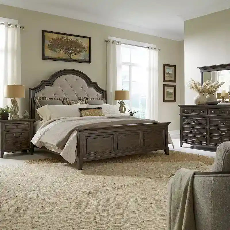 Paradise Valley Saddle Brown Upholstered Bed, Dresser and Mirror, & Nightstand