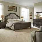 Paradise Valley Saddle Brown Upholstered Bed, Dresser and Mirror, & Nightstand