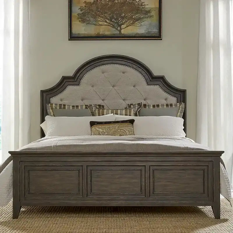 Paradise Valley Saddle Brown Upholstered Bed, Dresser and Mirror, & Nightstand