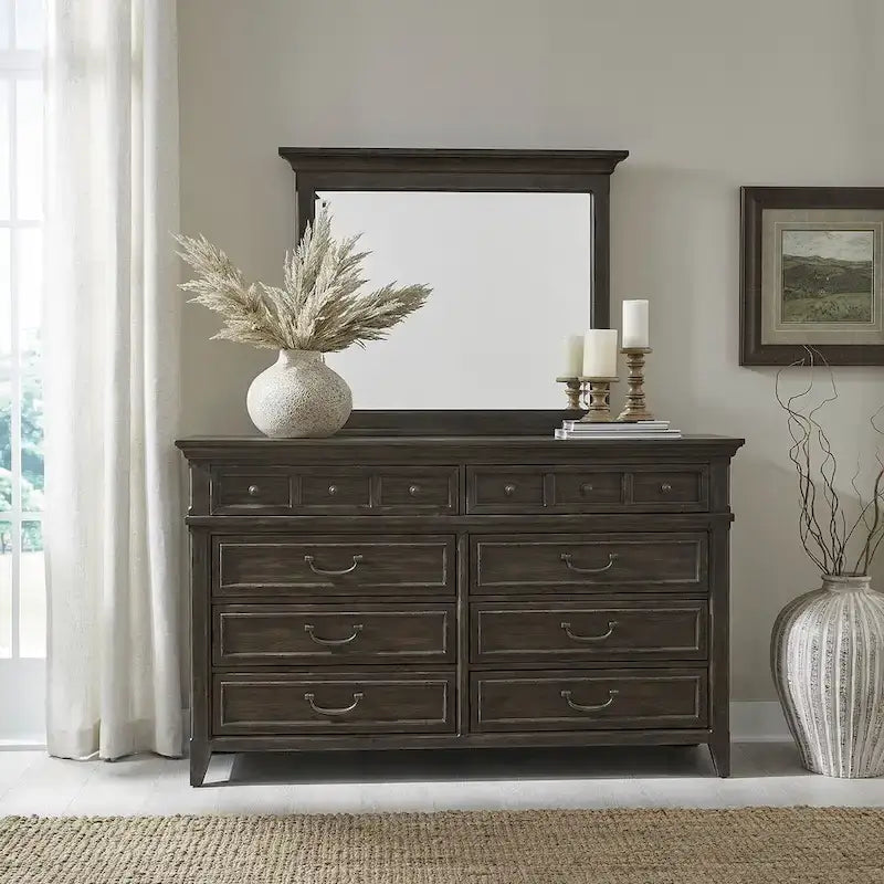 Paradise Valley Saddle Brown Upholstered Bed, Dresser and Mirror, & Nightstand