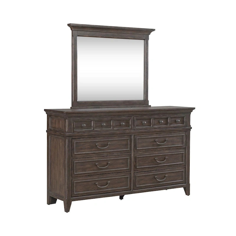 Paradise Valley Saddle Brown Upholstered Bed, Dresser and Mirror, & Nightstand