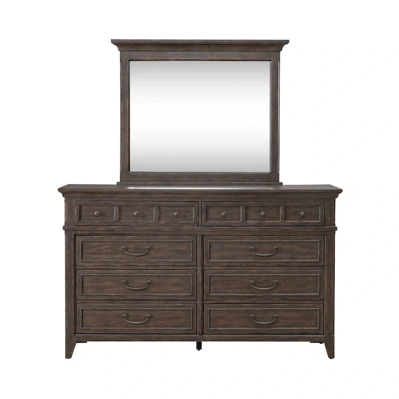 Paradise Valley Saddle Brown Upholstered Bed, Dresser and Mirror, & Nightstand