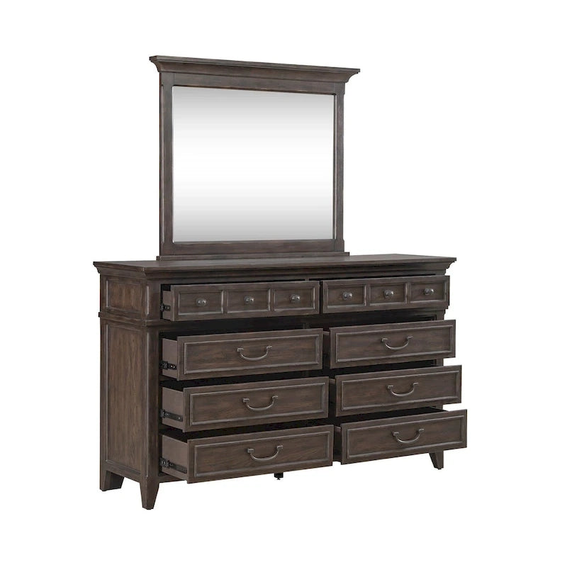 Paradise Valley Saddle Brown Upholstered Bed, Dresser and Mirror, & Nightstand