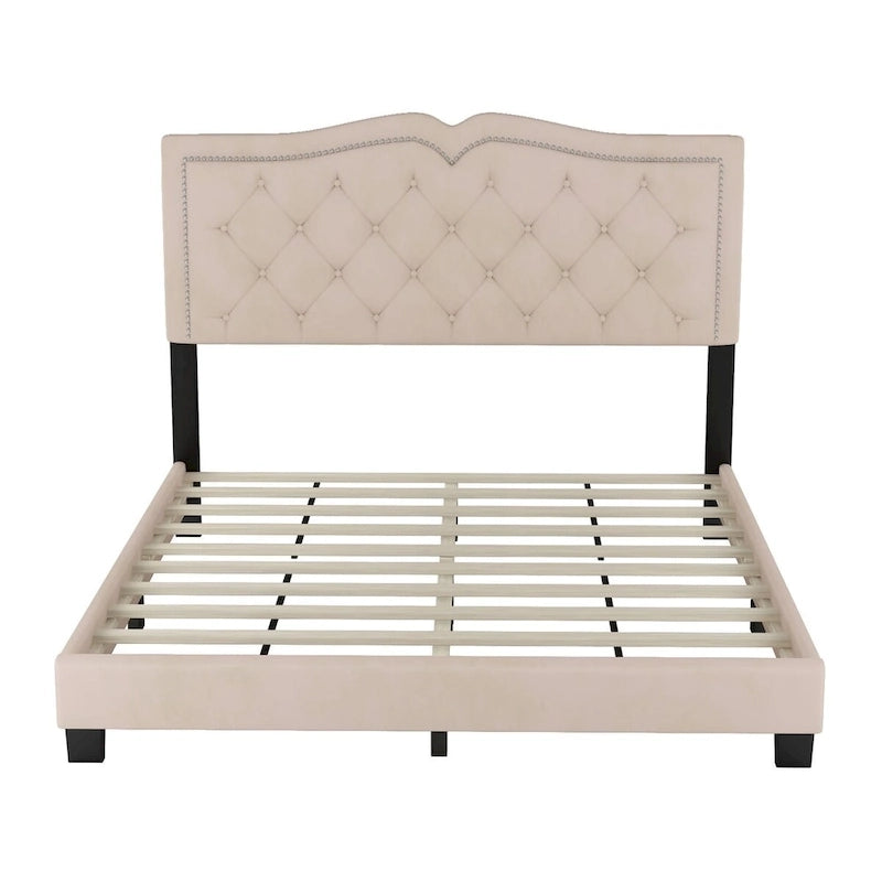 Queen Size Velvet Upholstered Platform Bed with Tufted Headboard