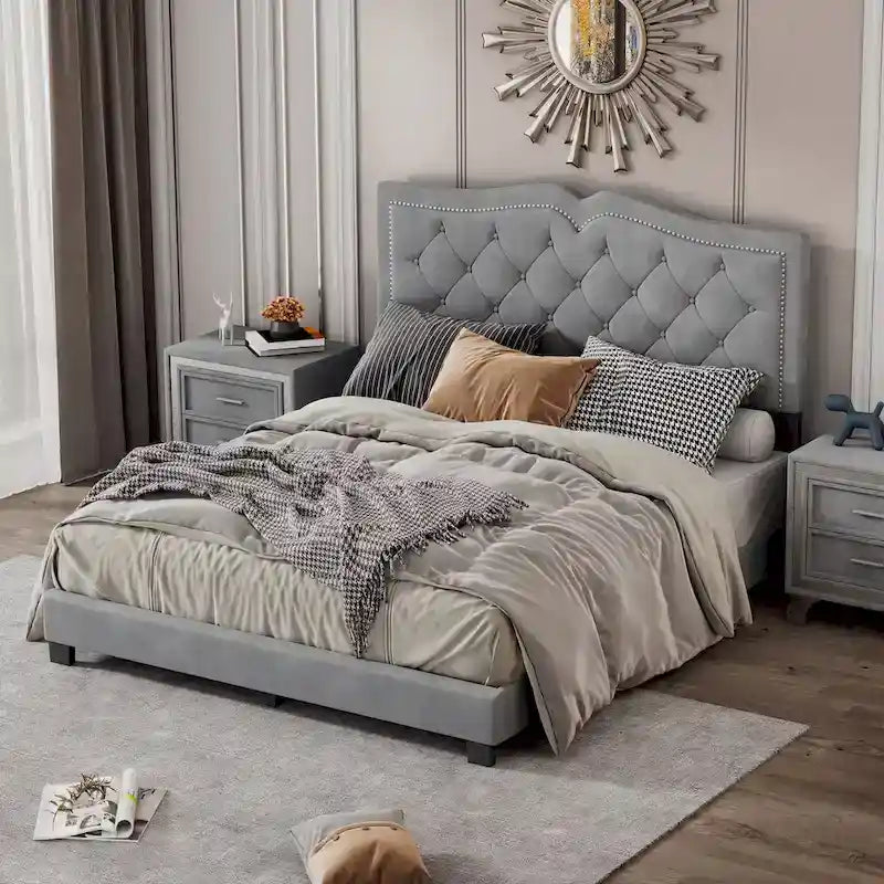 Queen Size Velvet Upholstered Platform Bed with Tufted Headboard