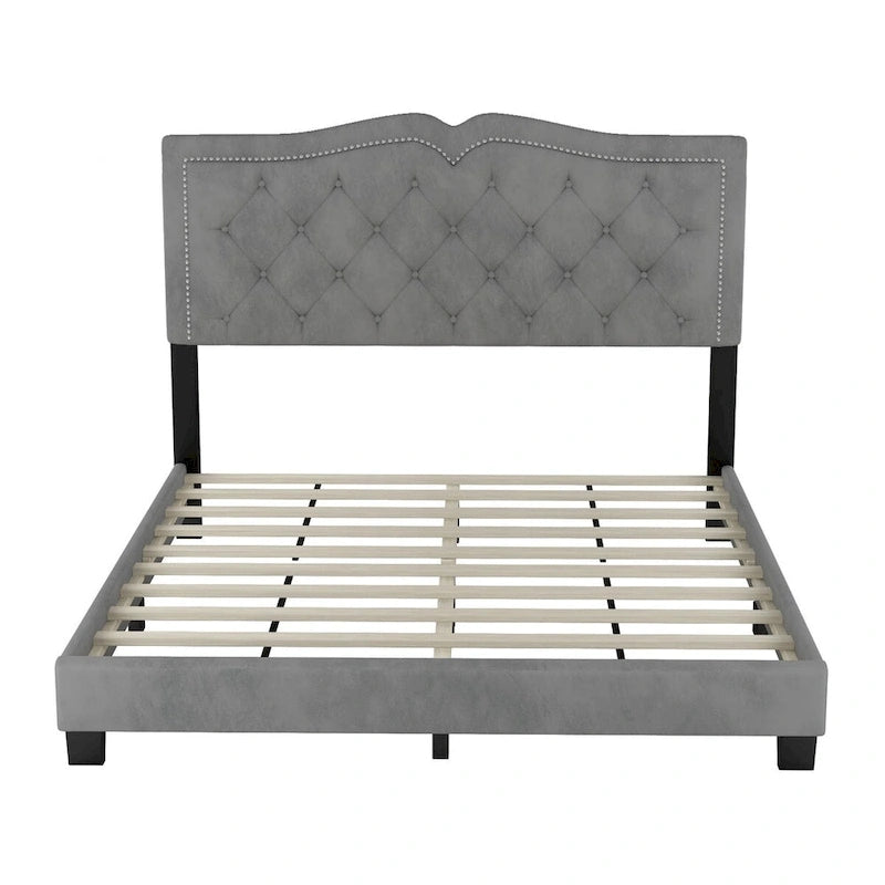 Queen Size Velvet Upholstered Platform Bed with Tufted Headboard