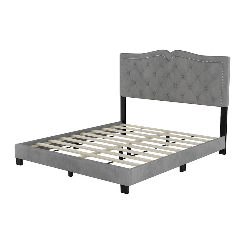 Queen Size Velvet Upholstered Platform Bed with Tufted Headboard