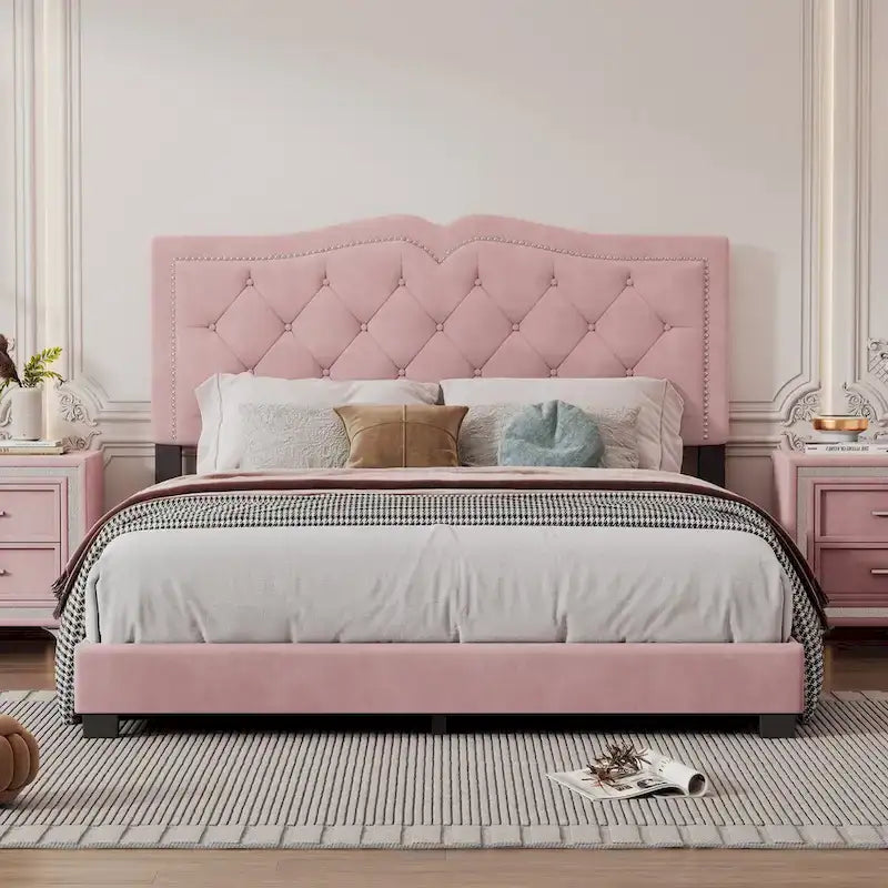Queen Size Velvet Upholstered Platform Bed with Tufted Headboard