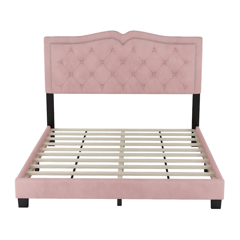 Queen Size Velvet Upholstered Platform Bed with Tufted Headboard