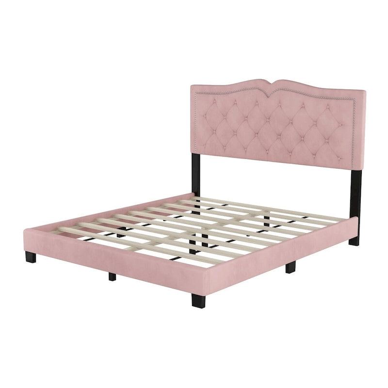 Queen Size Velvet Upholstered Platform Bed with Tufted Headboard