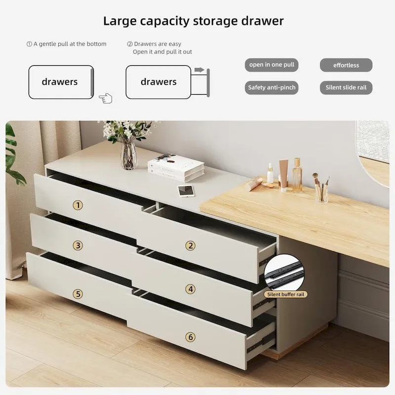 55.2 Inch White Corner L-Shaped Dressing Table with 6 Drawers Perfect for Bedrooms or Study Rooms