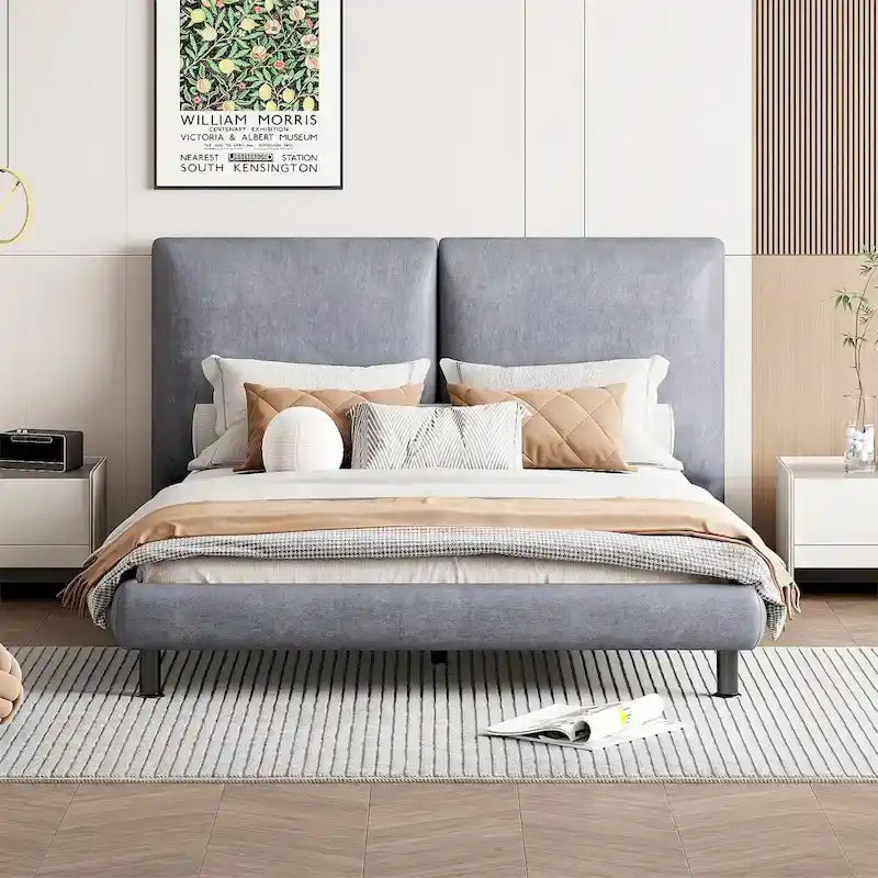 Upholstered Platform Bed w/Two Large Headrests& Thick Fabric,Polyester