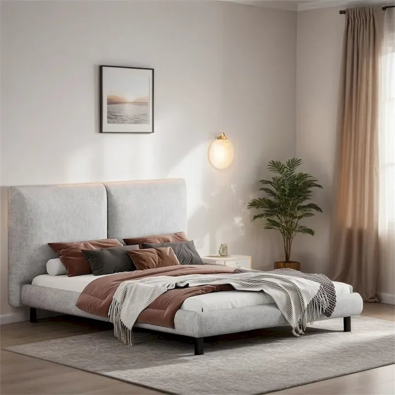 Upholstered Platform Bed w/Two Large Headrests& Thick Fabric,Polyester