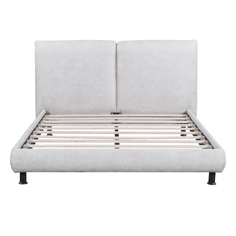 Upholstered Platform Bed w/Two Large Headrests& Thick Fabric,Polyester