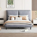 Upholstered Platform Bed w/Two Large Headrests& Thick Fabric,Polyester