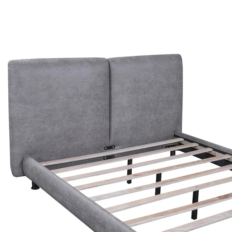 Upholstered Platform Bed w/Two Large Headrests& Thick Fabric,Polyester