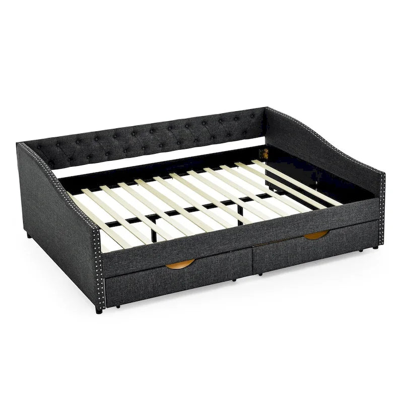 Queen Size Daybed with Upholstered Tufted Sofa Bed with Button on Back and Copper Nail on Waved Shape Arms(84.5x63.5x26.5)