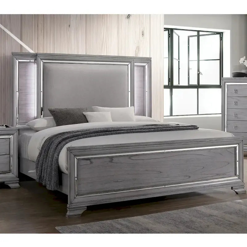 Furniture of America Taia Contemporary Grey 3-Piece Panel Bed, Nightstand and Dresser Set with LED