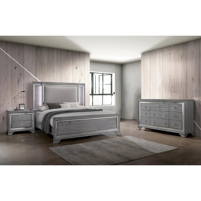 Furniture of America Taia Contemporary Grey 3-Piece Panel Bed, Nightstand and Dresser Set with LED