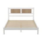 Queen Size Wooden Platform Bed with Natural Rattan Headboard, Exquisite Elegance with Minimalist Charm for Bedroom