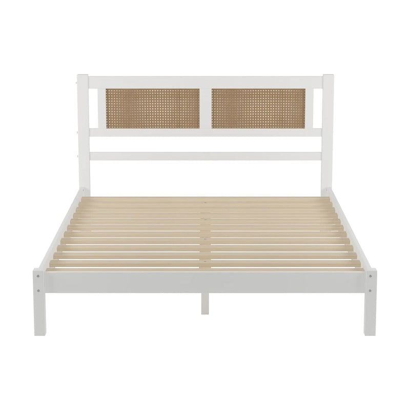 Queen Size Wooden Platform Bed with Natural Rattan Headboard, Exquisite Elegance with Minimalist Charm for Bedroom