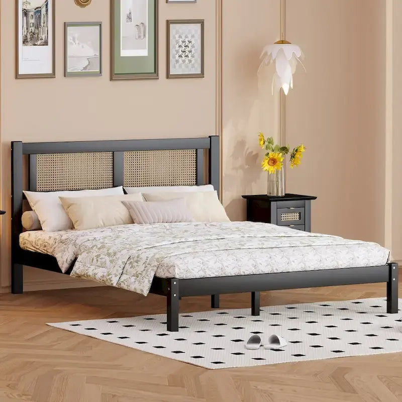 Queen Size Wooden Platform Bed with Natural Rattan Headboard, Exquisite Elegance with Minimalist Charm for Bedroom