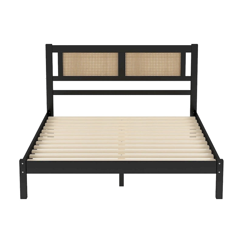 Queen Size Wooden Platform Bed with Natural Rattan Headboard, Exquisite Elegance with Minimalist Charm for Bedroom