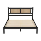 Queen Size Wooden Platform Bed with Natural Rattan Headboard, Exquisite Elegance with Minimalist Charm for Bedroom