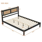 Queen Size Wooden Platform Bed with Natural Rattan Headboard, Exquisite Elegance with Minimalist Charm for Bedroom