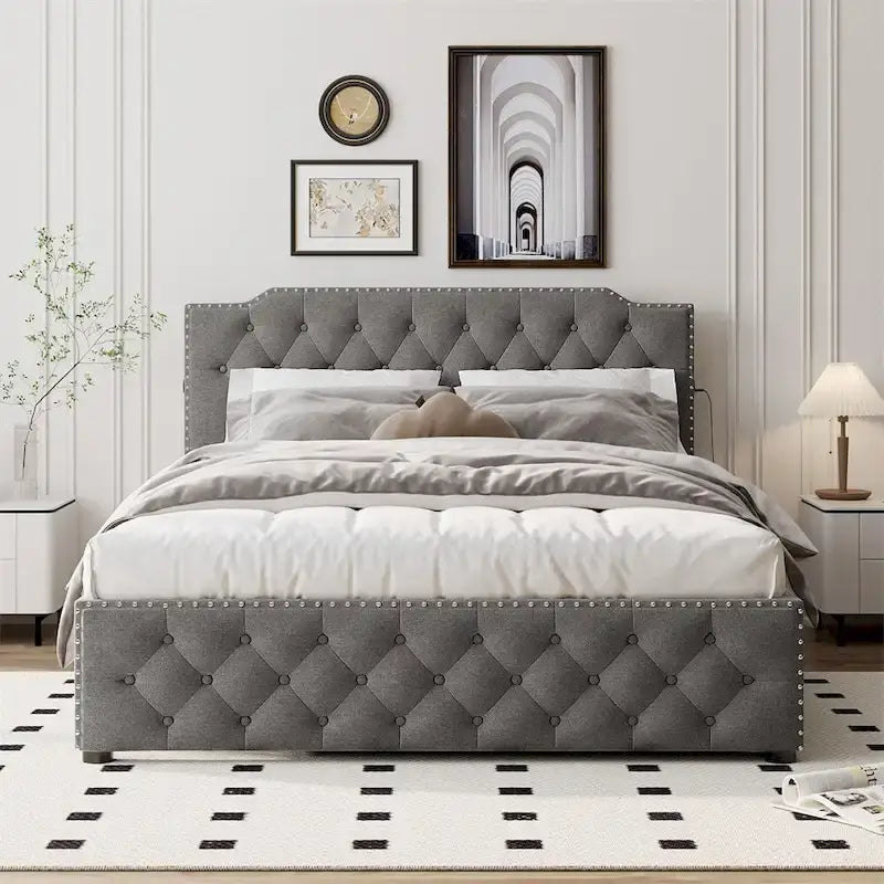 Queen Platform Bed with Twin Size Trundle and 2 USB Ports on each side