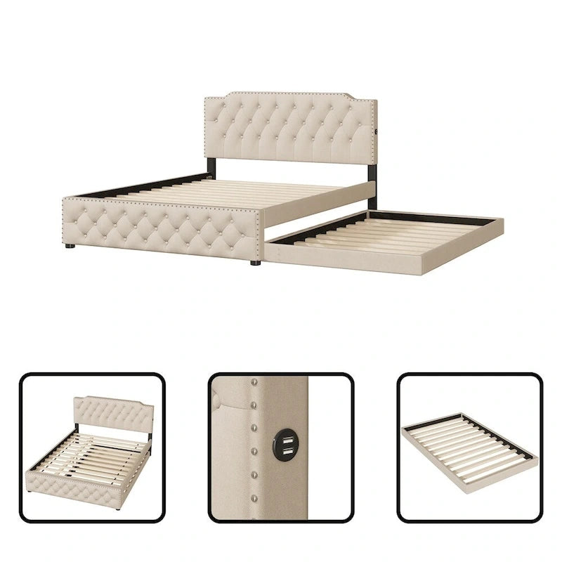Queen Platform Bed with Twin Size Trundle and 2 USB Ports on each side