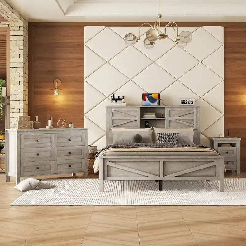 3-Pieces Bedroom Sets Queen Size Platform Bed with Storage Nightstand and Dresser