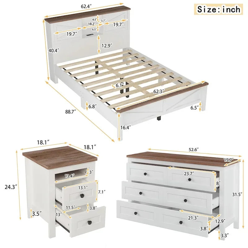 3-Pieces Bedroom Sets Queen Size Platform Bed with Storage Nightstand and Dresser