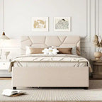 Full Size Upholstered Platform Bed with Brick Pattern Headboard and Twin Size Trundle, Linen Fabric