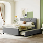 Full Size Upholstered Platform Bed with Brick Pattern Headboard and Twin Size Trundle, Linen Fabric