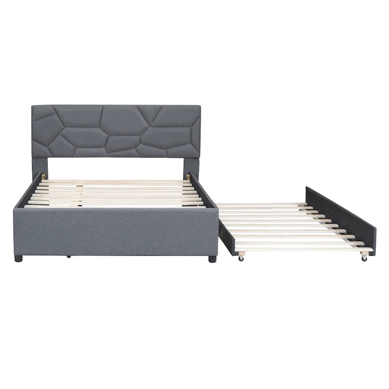 Full Size Upholstered Platform Bed with Brick Pattern Headboard and Twin Size Trundle, Linen Fabric