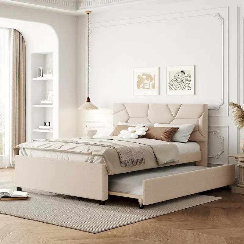 Full Size Upholstered Platform Bed with Brick Pattern Headboard and Twin Size Trundle, Linen Fabric