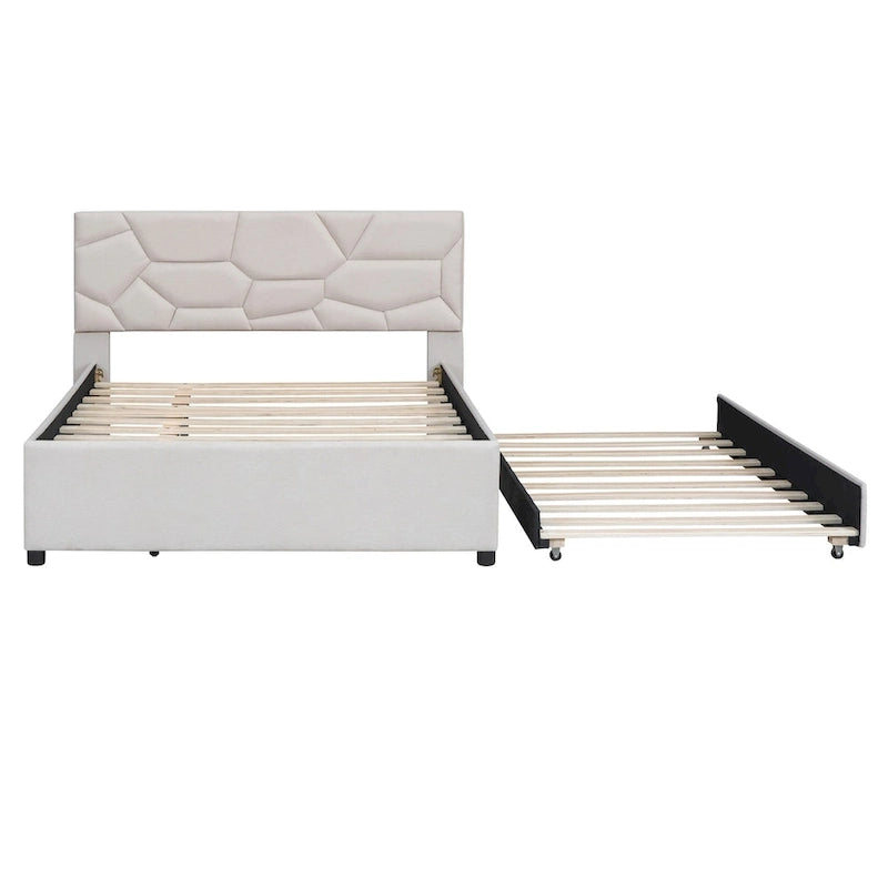 Full Size Upholstered Platform Bed with Brick Pattern Headboard and Twin Size Trundle, Linen Fabric