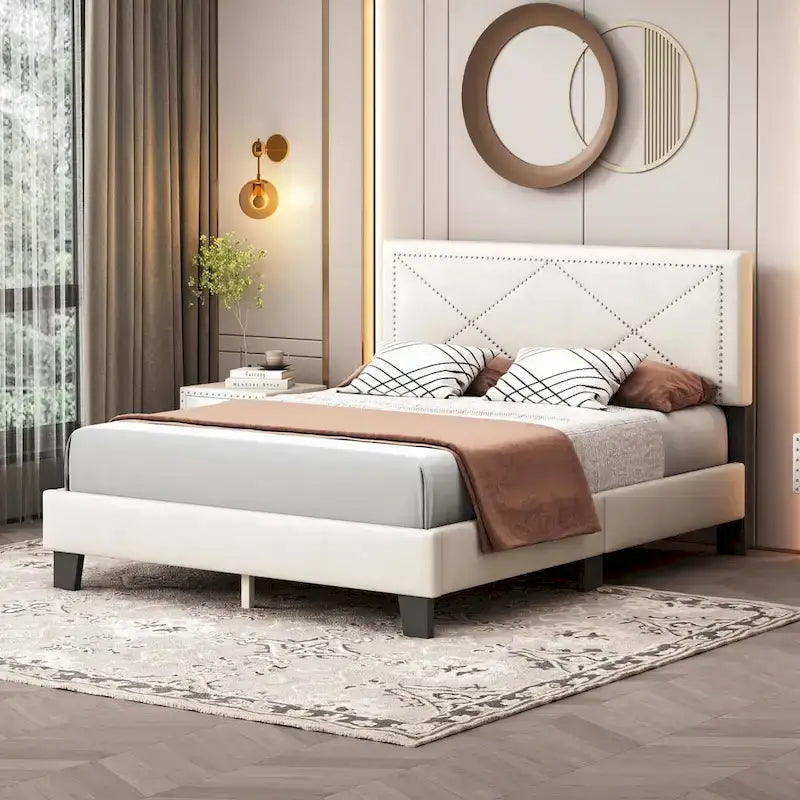 Queen Size Upholstered Bed Frame with Rivet Design