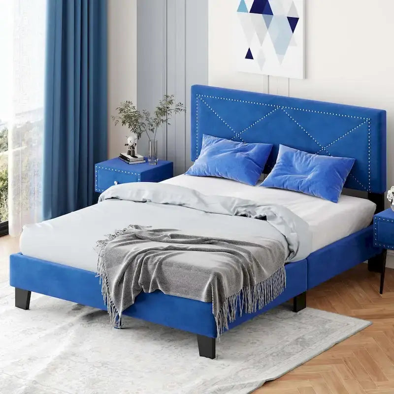 Queen Size Upholstered Bed Frame with Rivet Design