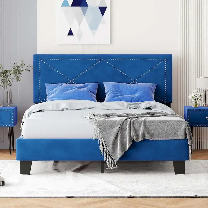 Queen Size Upholstered Bed Frame with Rivet Design