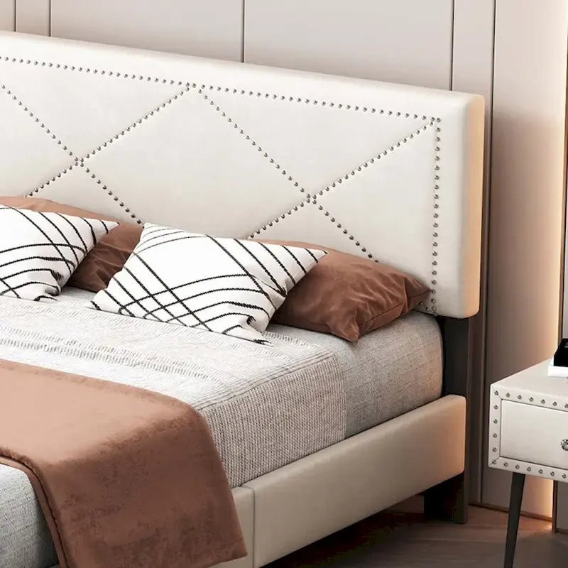 Queen Size Upholstered Bed Frame with Rivet Design
